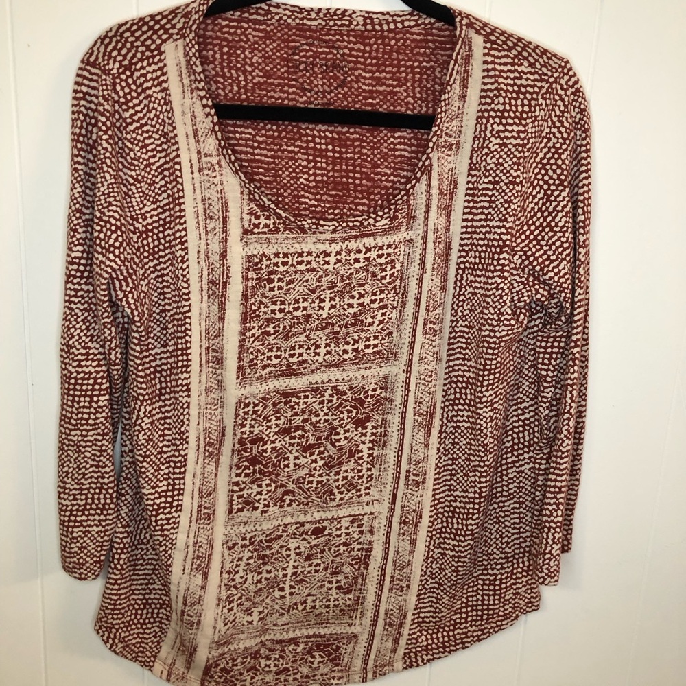 Lucky Brand Boho Burgundy & Cream Printed 3/4 Sleeve Tunic Large